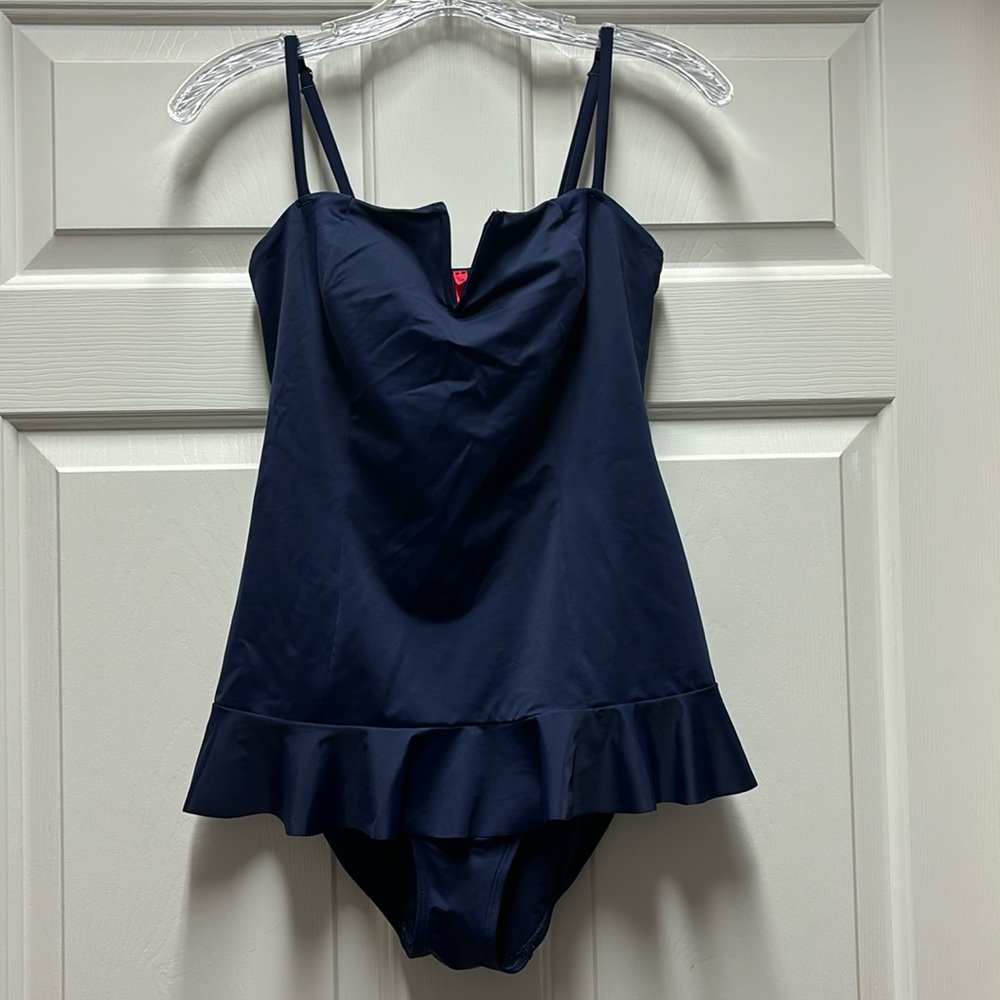 Spanx ruffle skirt one piece tummy control shaper swim bathing suit 8 blue